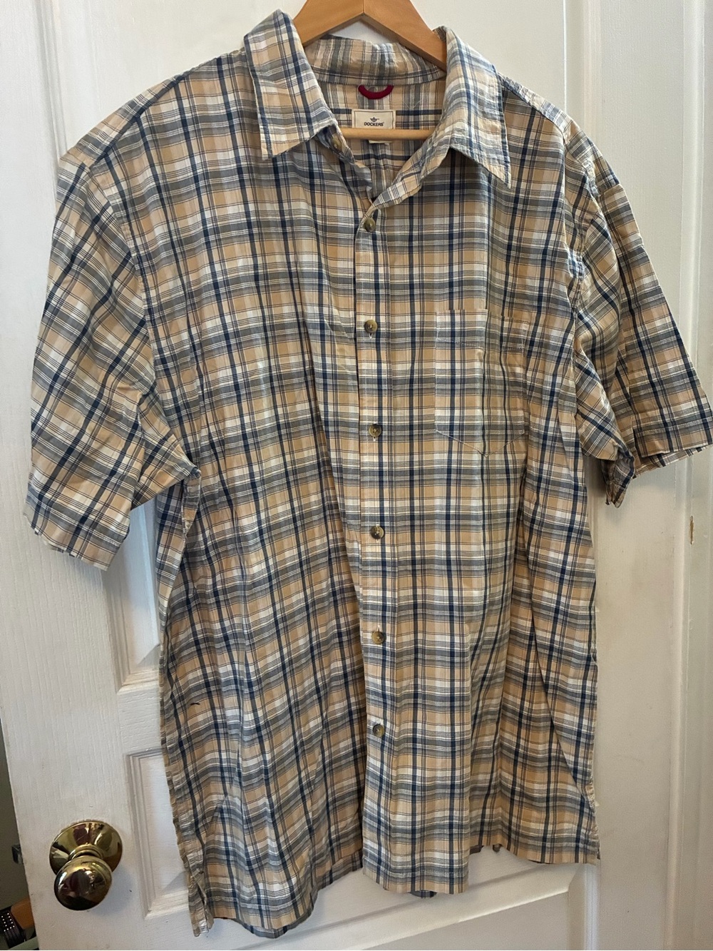 Dockers Short-Sleeve Plaid Button-Down Shirt - Beige & Blue